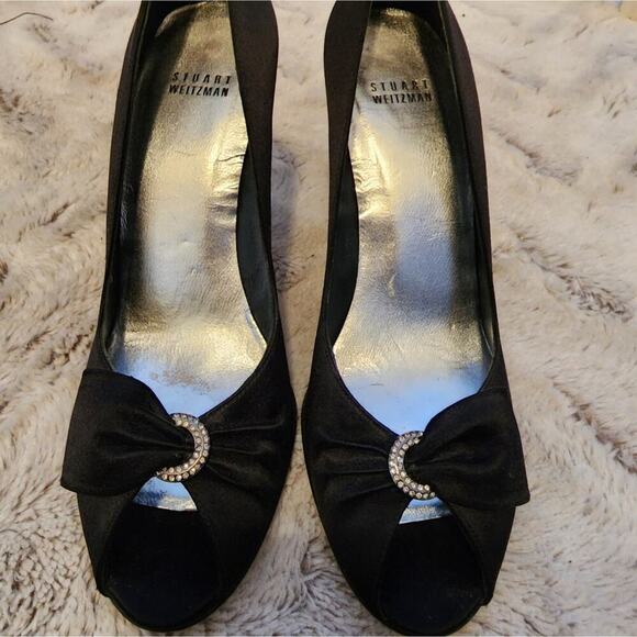STUART WEIZTMAN BLACK SATIN FABRIC PEEP TOE HEELS SIZE 9.5M - Picture 7 of 9